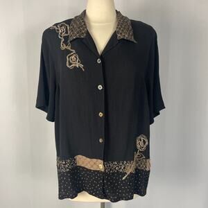 Casual Top Plus Size 20W Black Tan Patchwork Embroidered Indie Boho Lagenlook